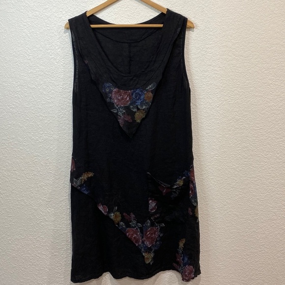 Dresses & Skirts - Women's Made in Italy Black Floral 100% Linen Lagenlook Boho Coastal Midi Dress